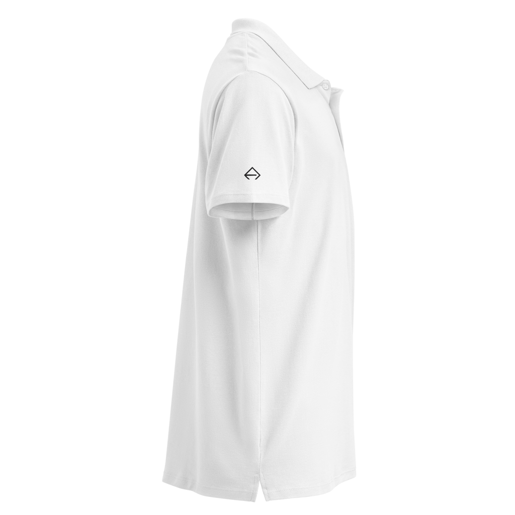 SRARZ Signature Polo – Weiss – Seitenansicht mit Zusatzlogo ohne Person
