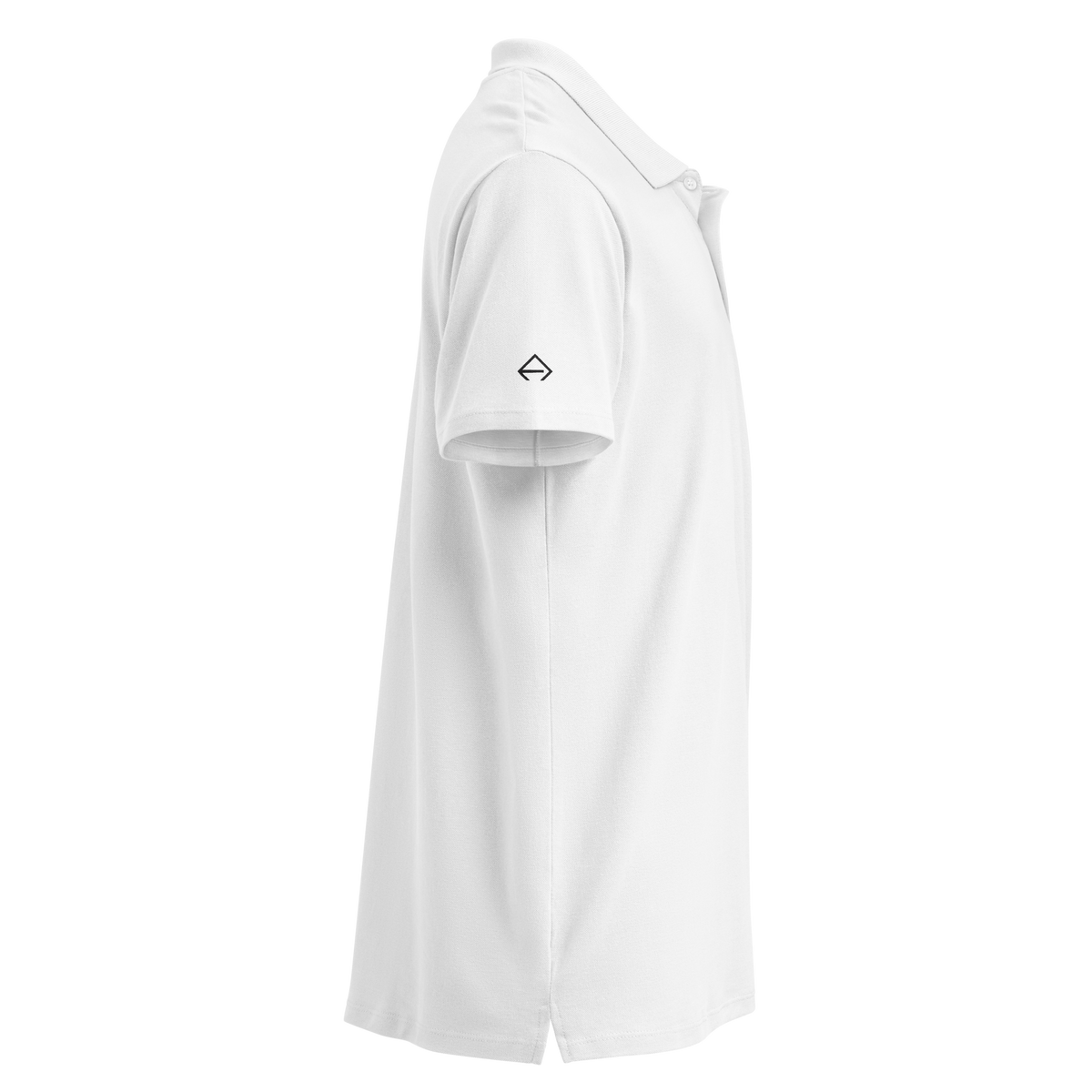 SRARZ Signature Polo – Weiss – Seitenansicht mit Zusatzlogo ohne Person