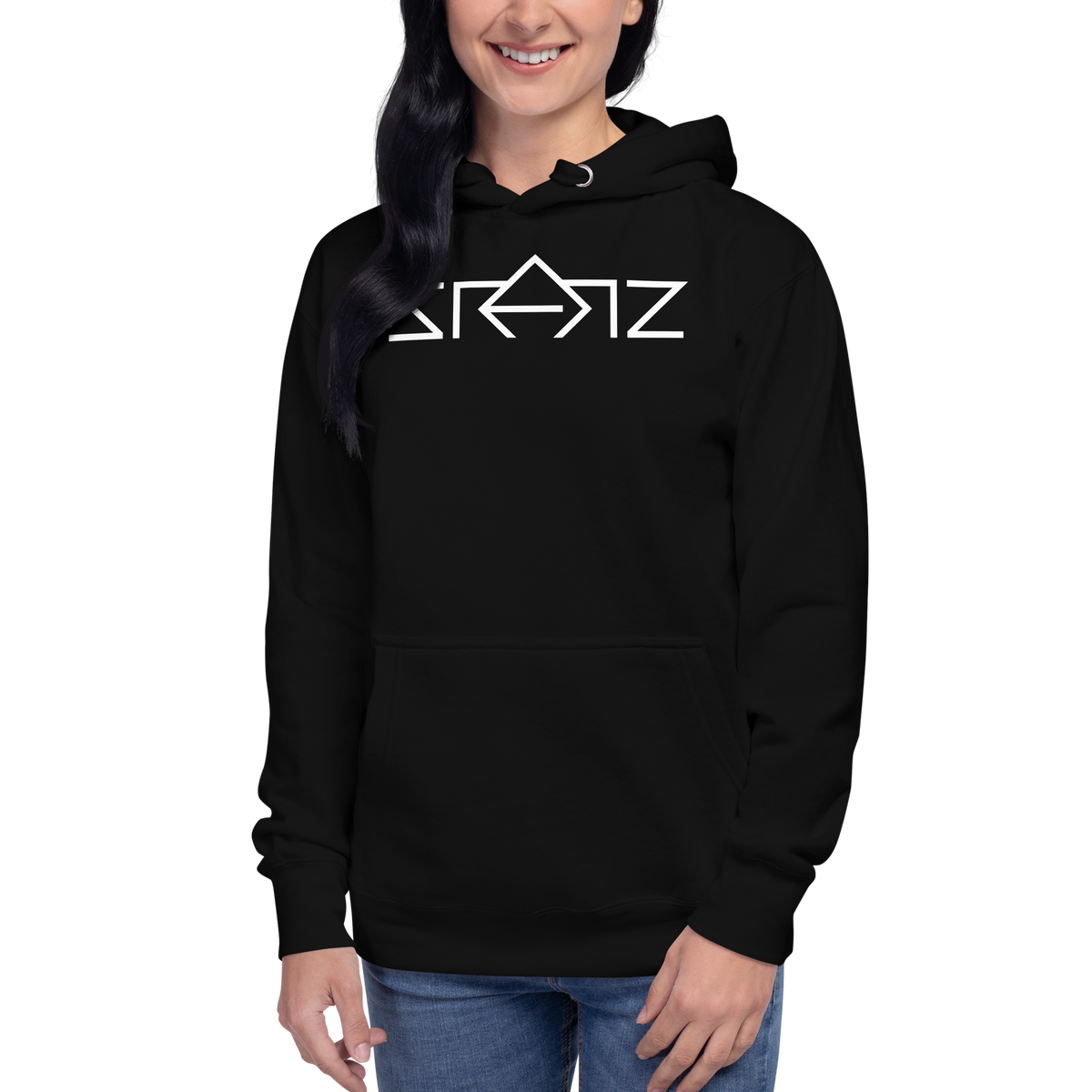 SRARZ Signature Hoodie – Schwarz – Damenmodel – Vorderansicht