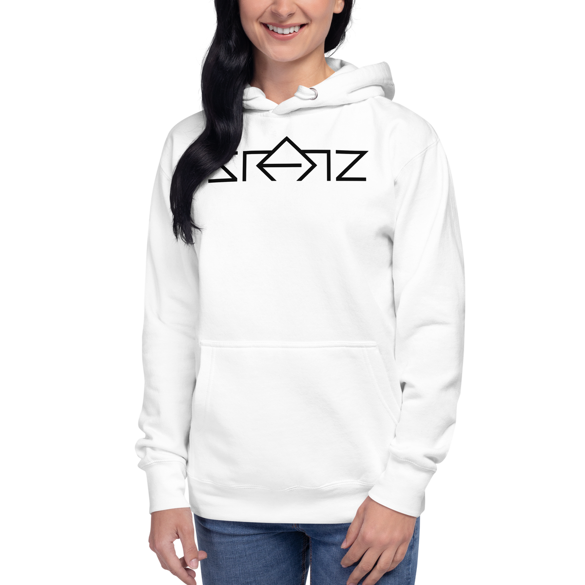SRARZ Signature Hoodie – Weiss – Damenmodel – Vorderansicht