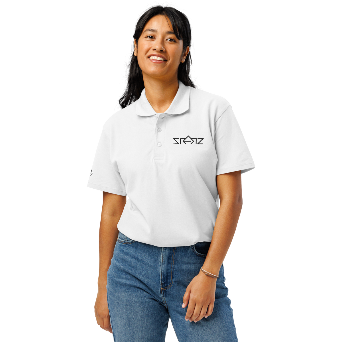 SRARZ Signature Polo – Weiss – Damenmodel – Vorderansicht