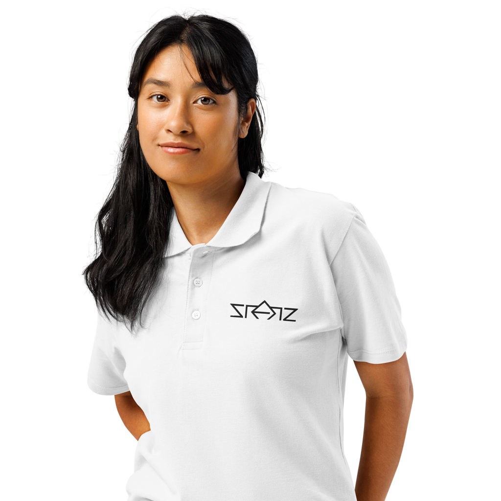 SRARZ Signature Polo – Weiss – Damenmodel – Detailansicht