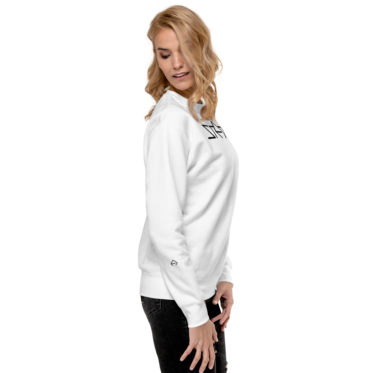 SRARZ Signature Sweatshirt – Weiss – Damenmodel – Seiten- oder Rückansicht
