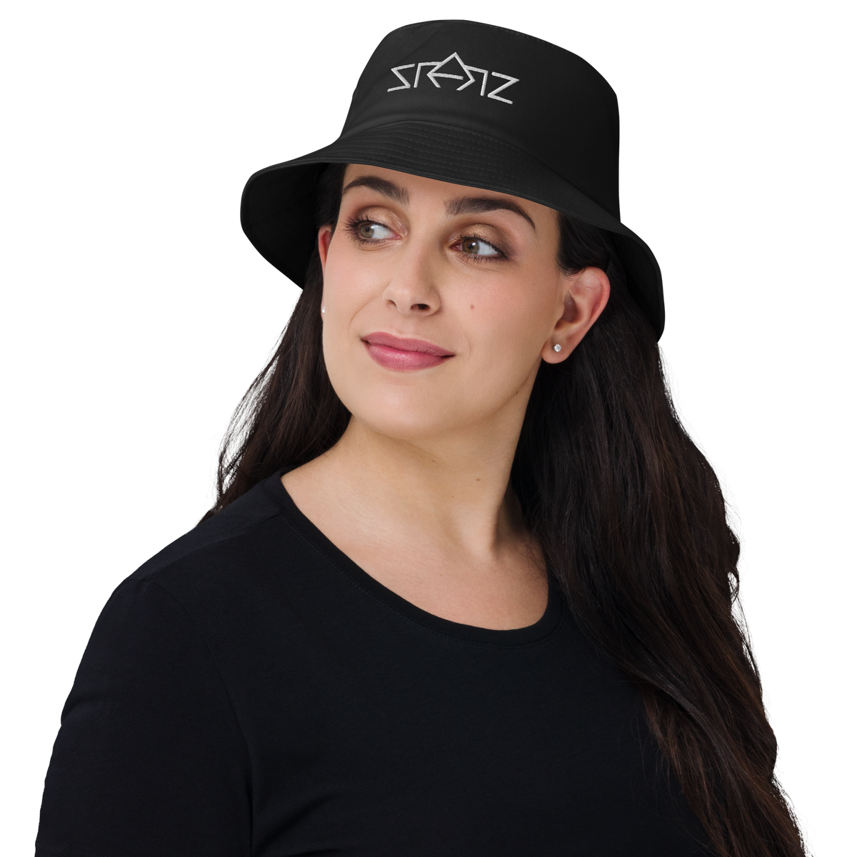 SRARZ Signature Bucket Hat – Schwarz – Damenmodell Vorderansicht
