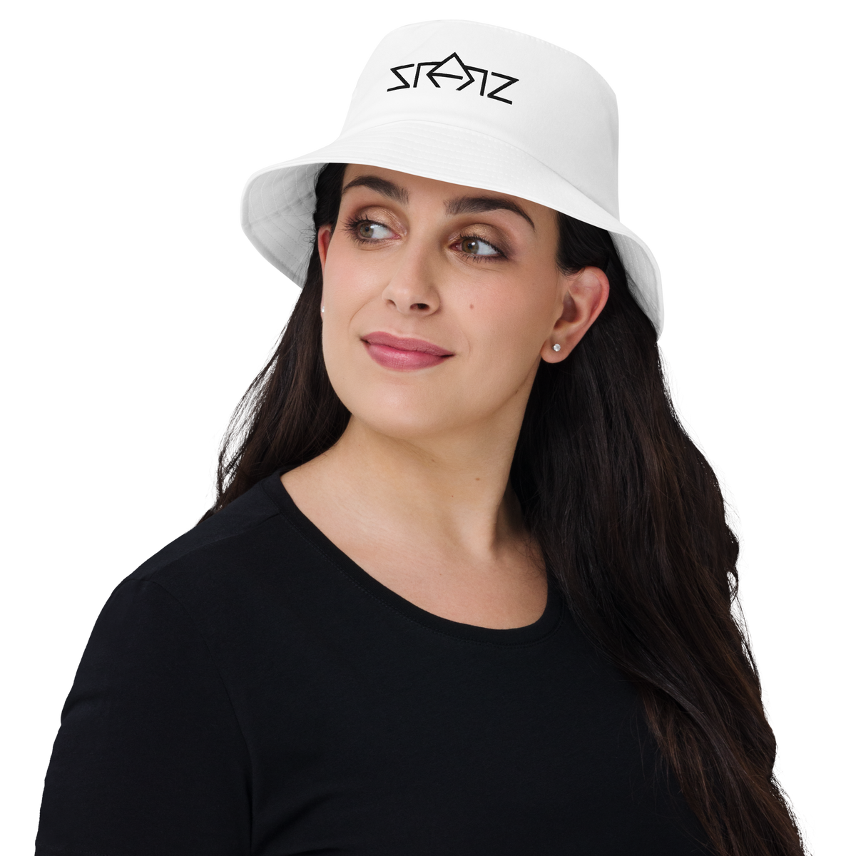 SRARZ Signature Bucket Hat – Weiss – Damenmodell Vorderansicht