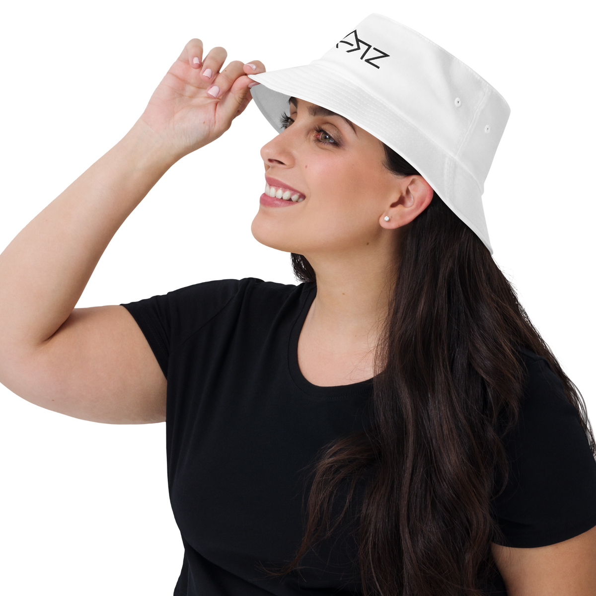 SRARZ Signature Bucket Hat – Weiss – Damenmodell Seitenansicht