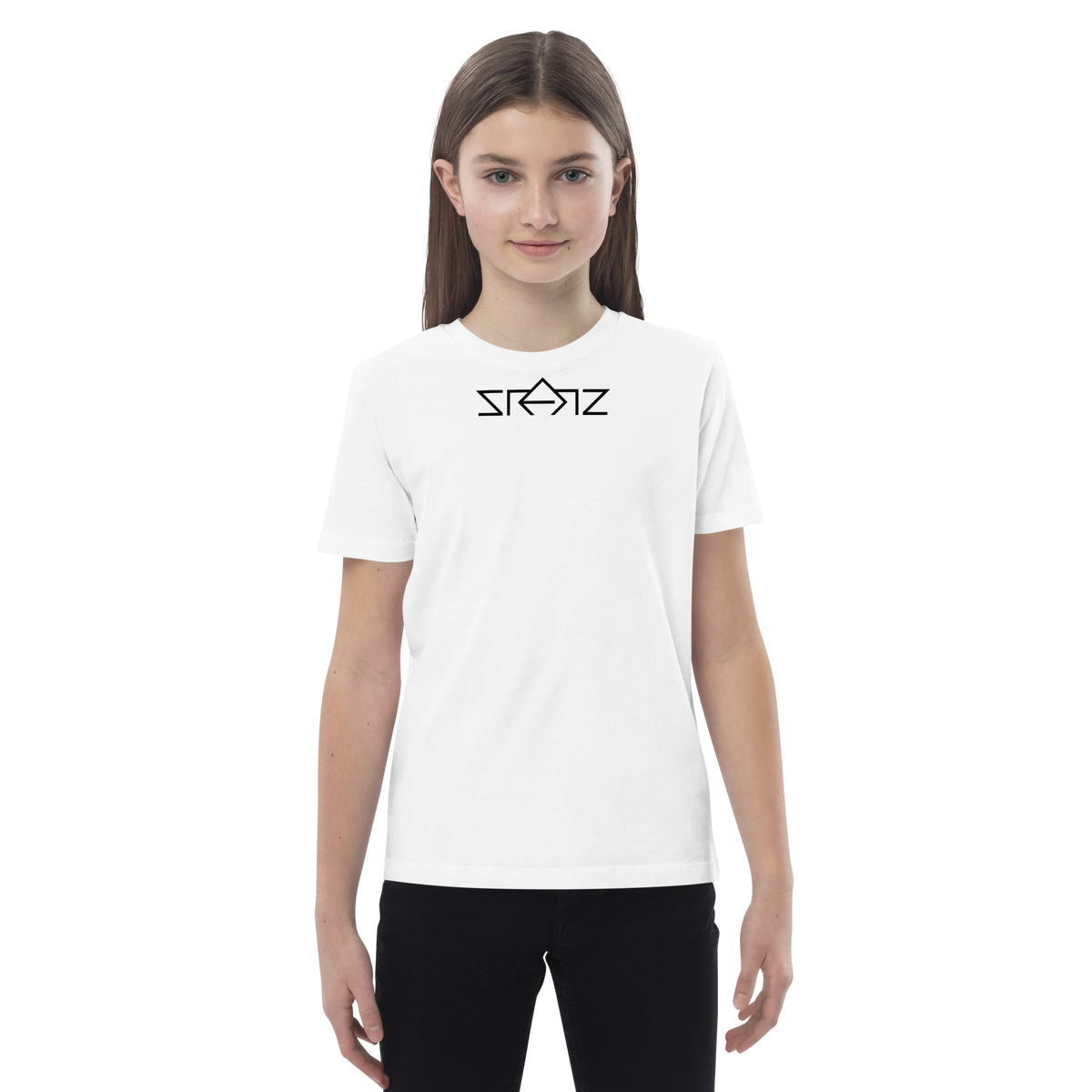 SRARZ Signature Kids T-Shirt – Weiss – Mädchenmodell Vorderansicht