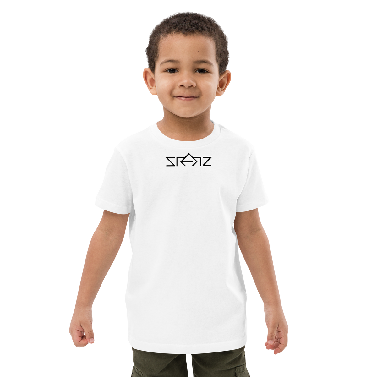 SRARZ Signature Kids T-Shirt – Weiss – Jungenmodell Vorderansicht