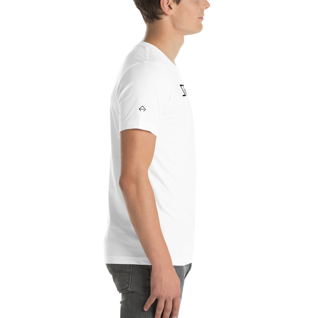 SRARZ Signature T-Shirt – Weiss – Herrenmodel – Seitenansicht mit Zusatzlogo