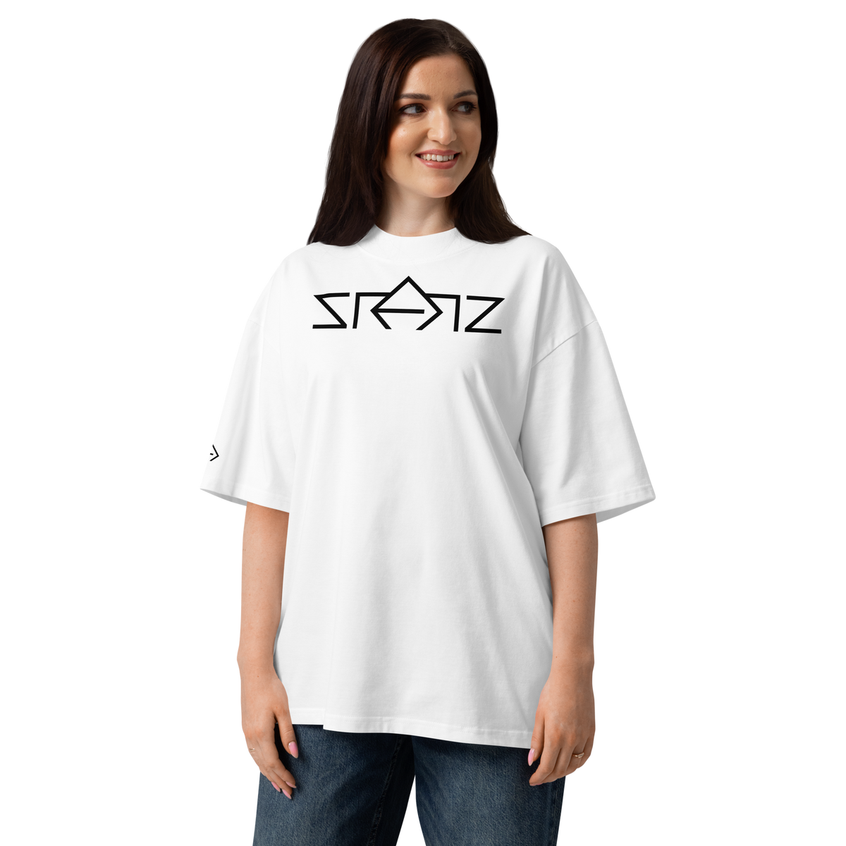 SRARZ Signature Oversized T-Shirt – Weiss – Damenmodell Vorderansicht