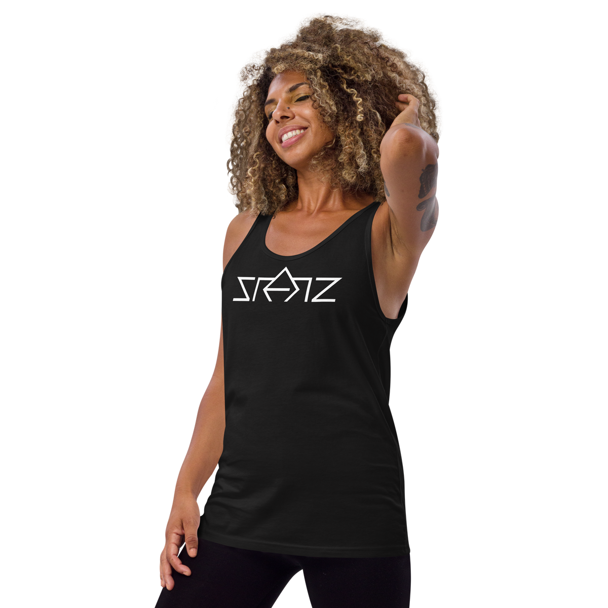 SRARZ Signature Tank Top – Schwarz – Damenmodell Vorderansicht