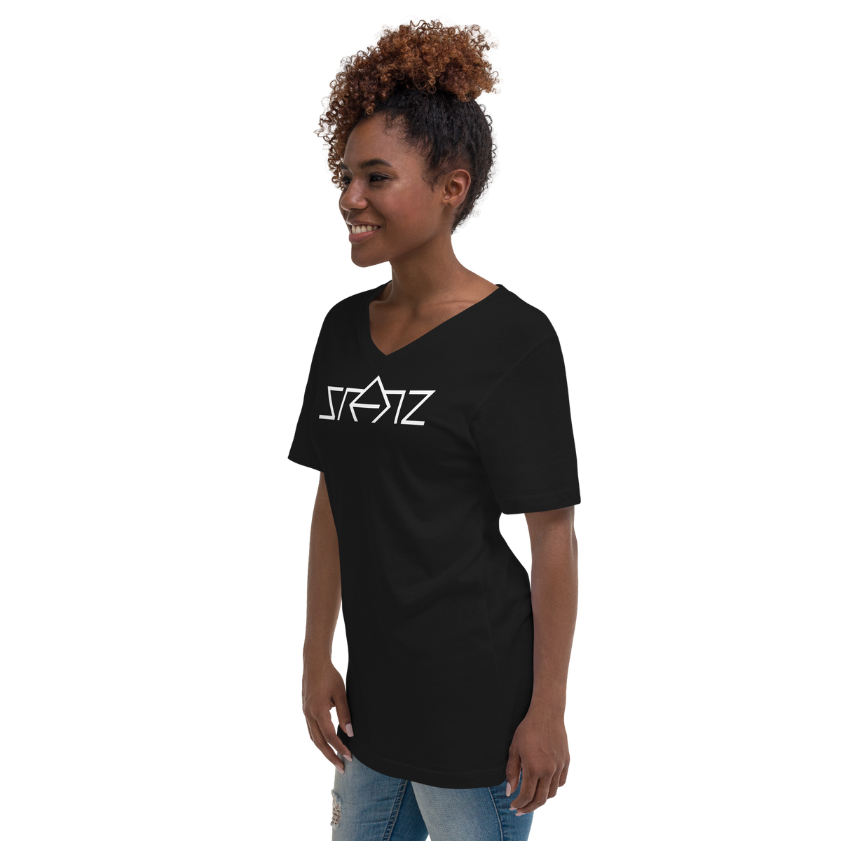 SRARZ Signature V-Neck T-Shirt – Schwarz – Damenmodell schräge Vorderansicht