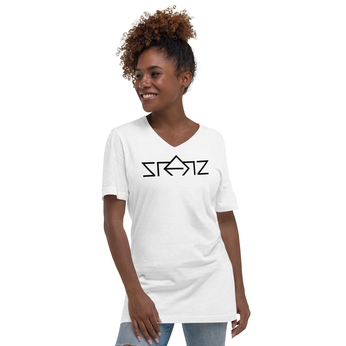 SRARZ Signature V-Neck T-Shirt – Weiss – Damenmodell Vorderansicht