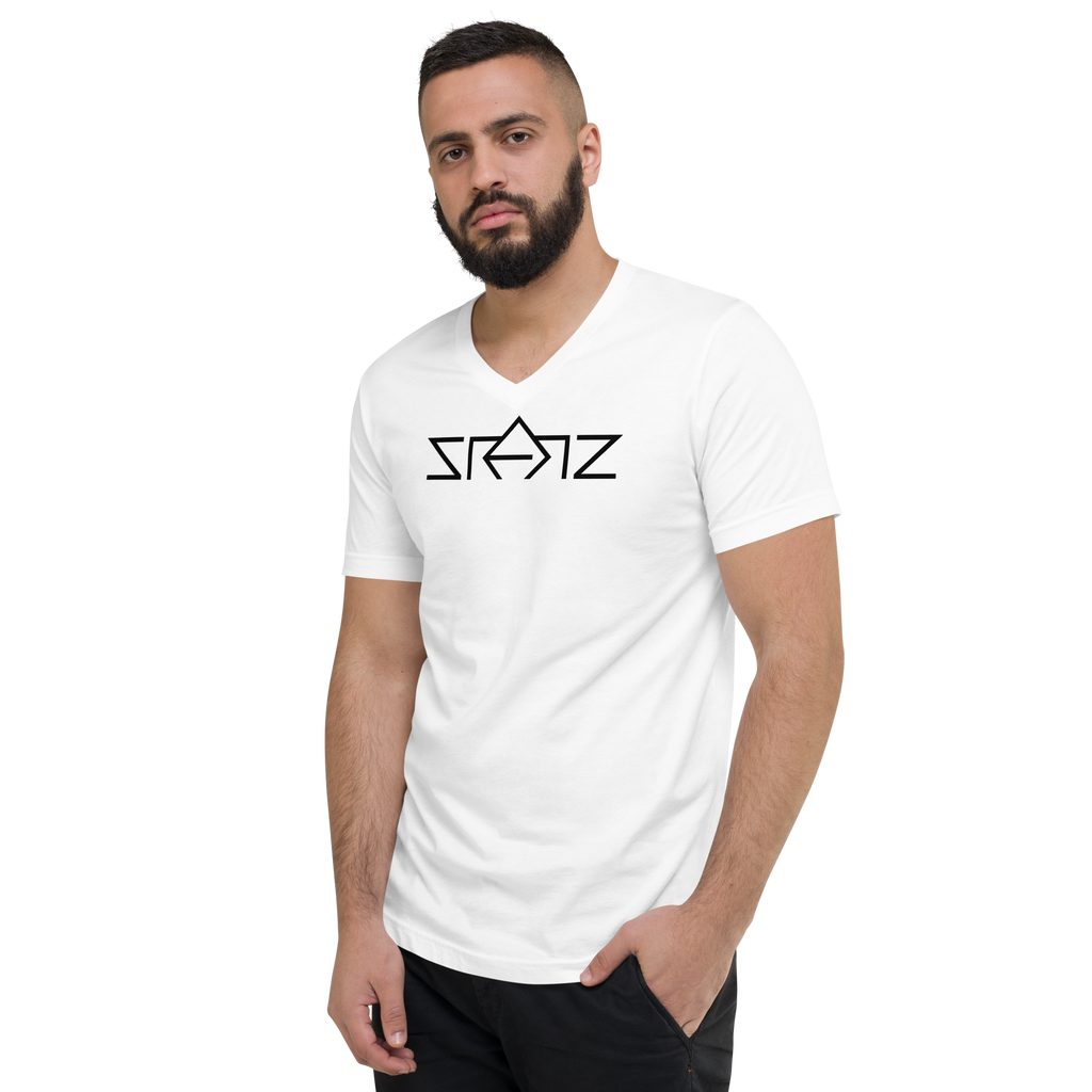 SRARZ Signature V-Neck T-Shirt – Weiss – Herrenmodell schräge Vorderansicht
