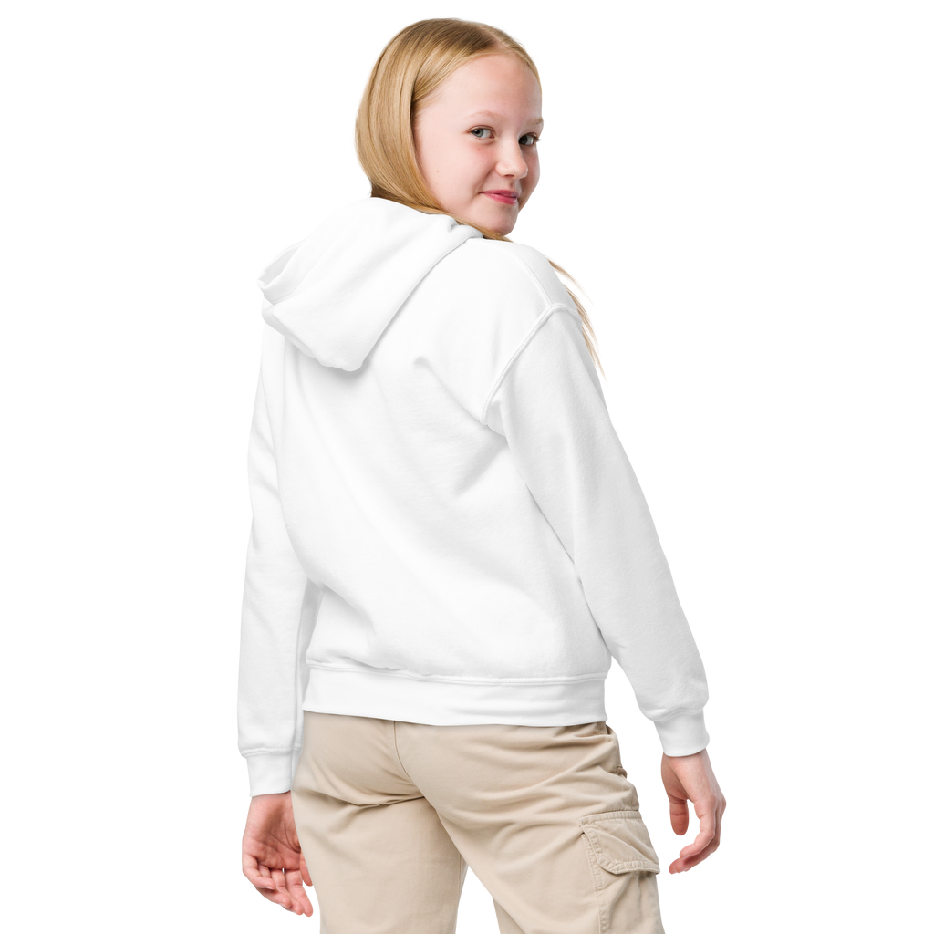 SRARZ Signature Kids Hoodie – Weiss – Mädchenmodell seitliche Rückansicht