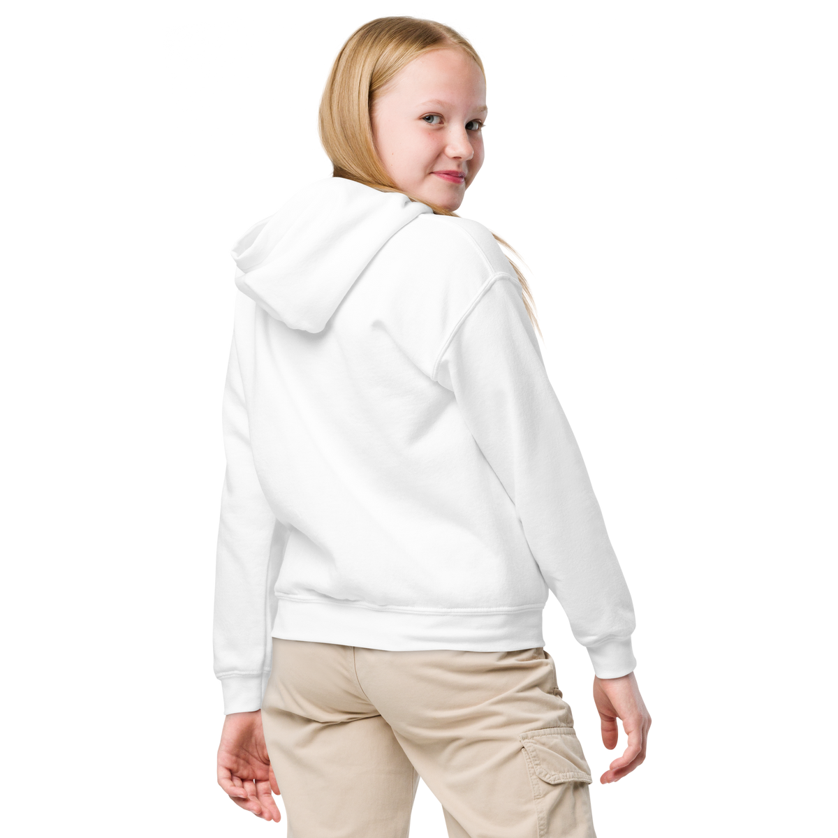 SRARZ Signature Kids Hoodie – Weiss – Mädchenmodell seitliche Rückansicht