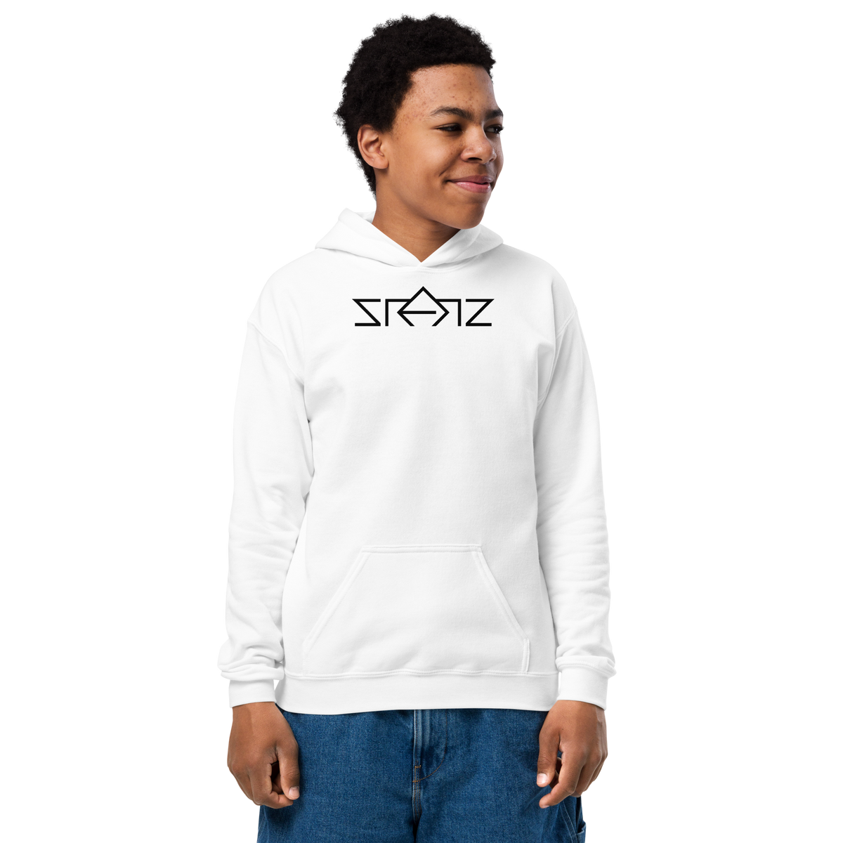 SRARZ Signature Kids Hoodie – Weiss – Jungenmodell Vorderansicht