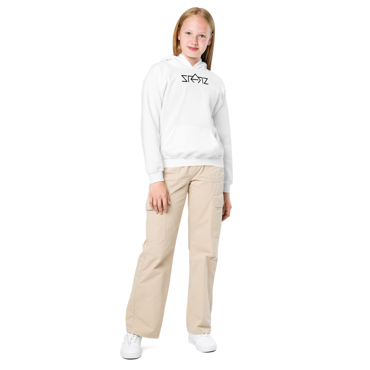 SRARZ Signature Kids Hoodie – Weiss – Mädchenmodell Vorderansicht